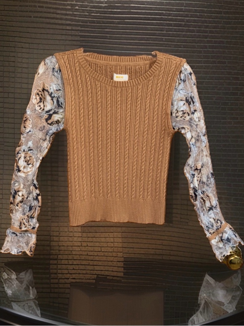 Maeve by Anthropologie Camel Cable-Knit Sweater w/Floral Crinkle Puff Sl.-XS-EC